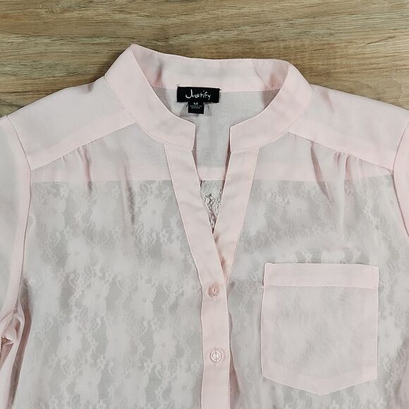 💜Justify Pink Semi-Sheer & Lace Adjustable Sleeve Top Medium - Picture 3 of 10